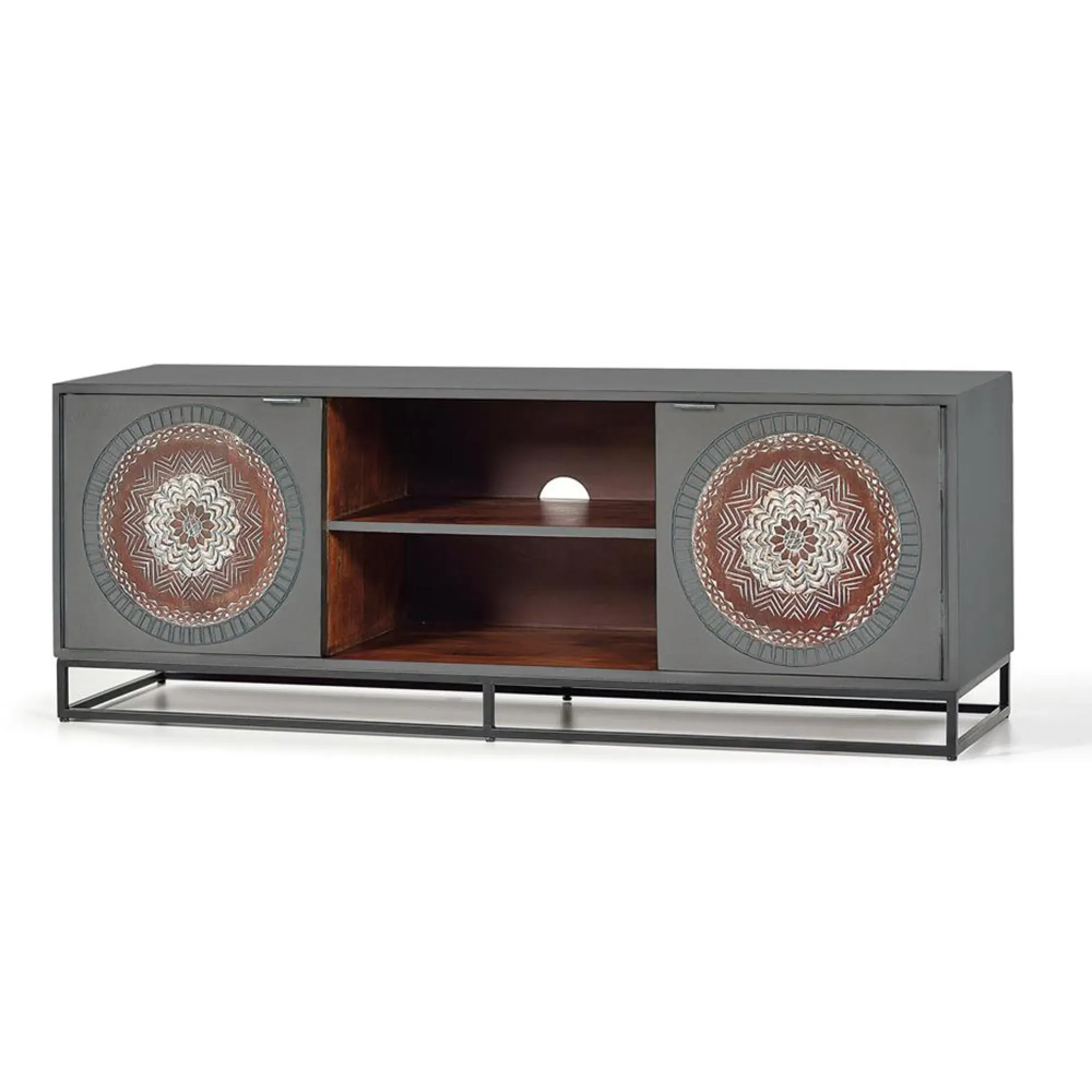Lytton 2 Door TV Unit - Grey, Carved Mango Wood