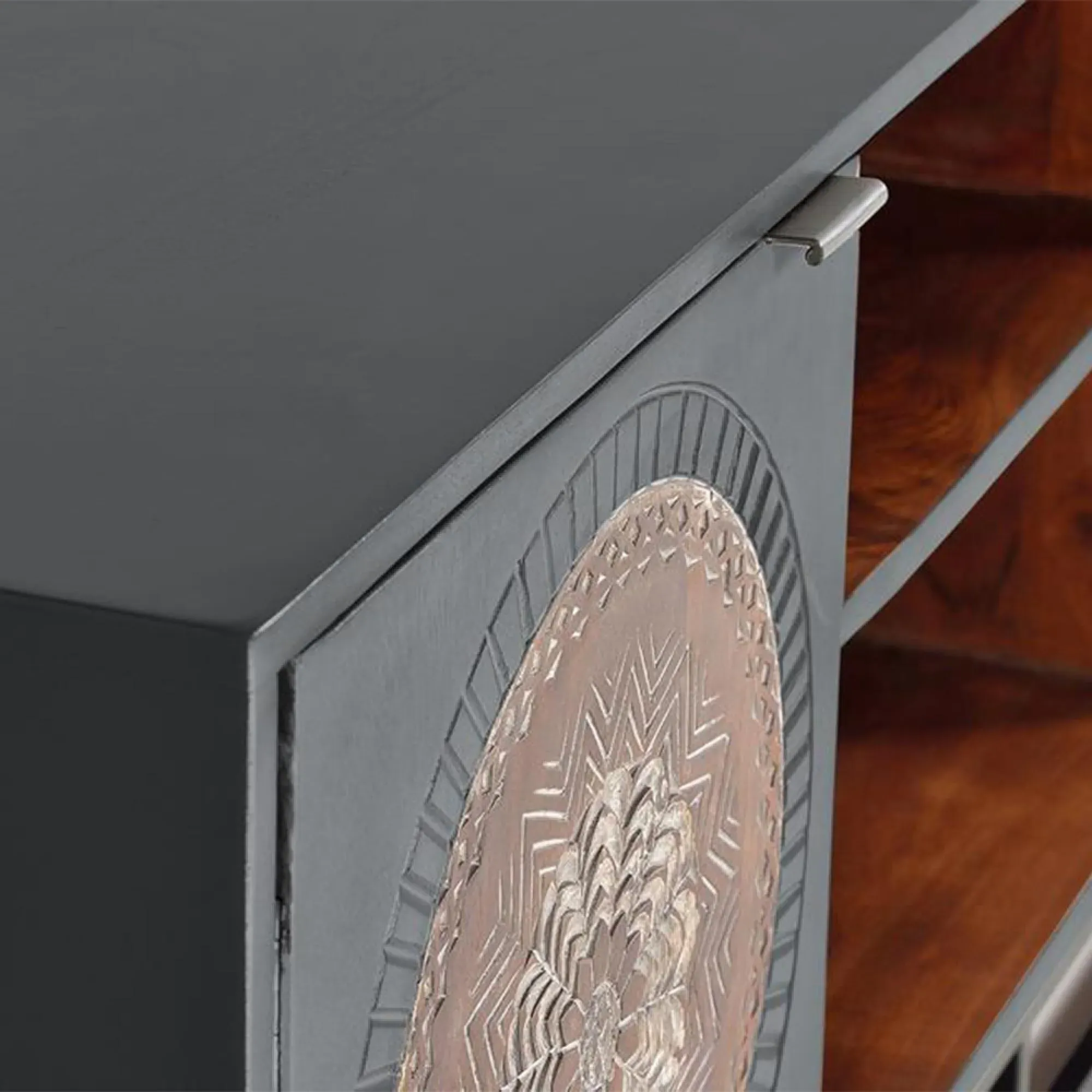 Lytton 2 Door TV Unit - Grey, Carved Mango Wood