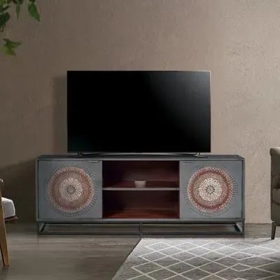 Lytton 2 Door TV Unit - Grey, Carved Mango Wood