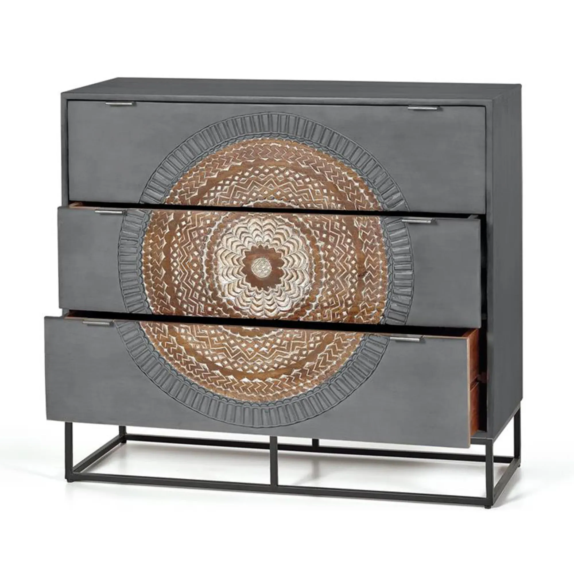 Lytton 3 Drawer Chest - Grey, Carved Mango Wood