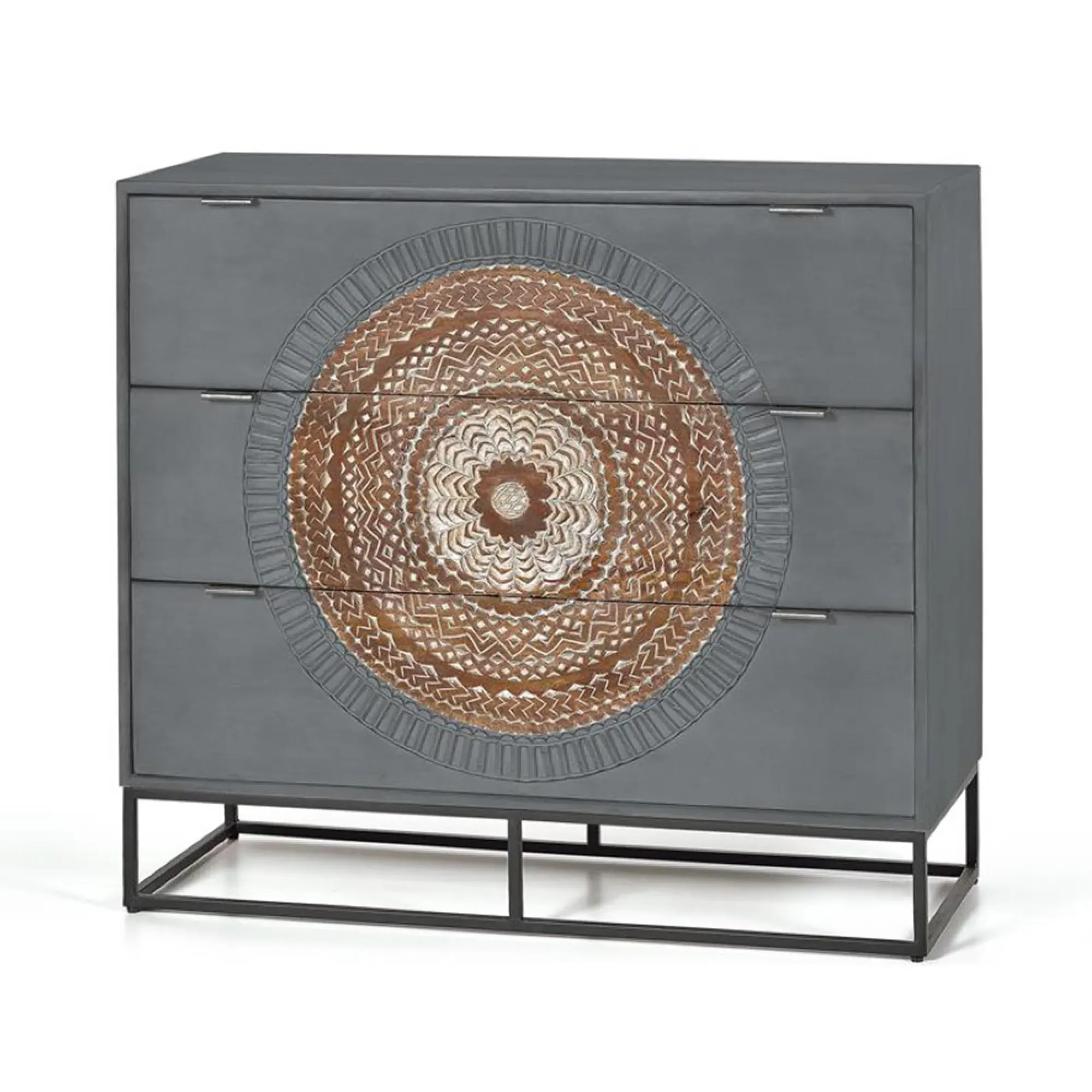 Lytton 3 Drawer Chest - Grey, Carved Mango Wood