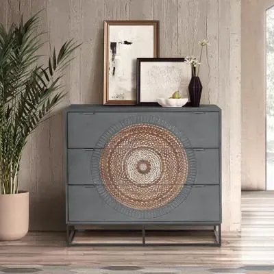 Lytton 3 Drawer Chest - Grey, Carved Mango Wood