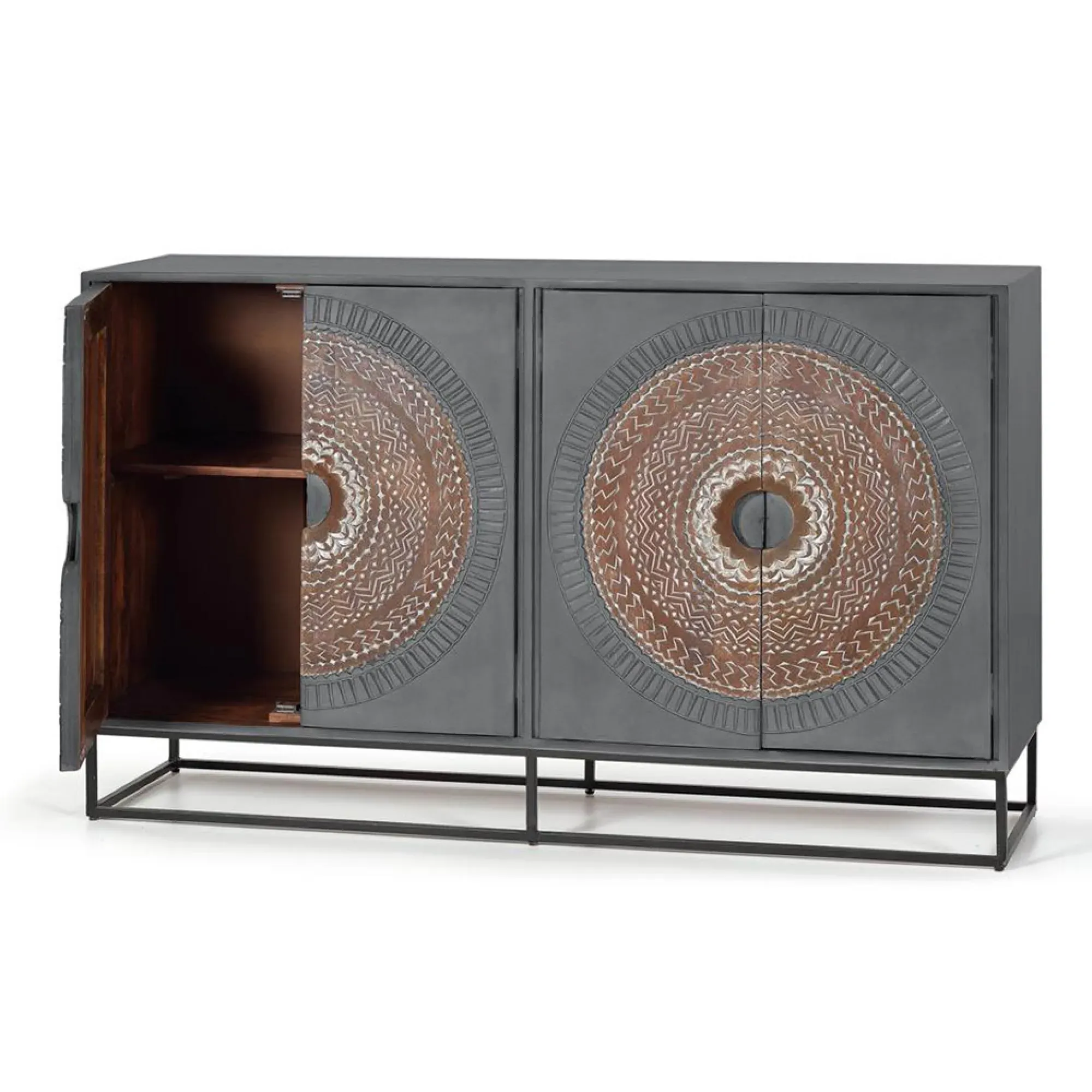 Lytton Carved Mango Wood 4 Door Medium Sideboard - Grey