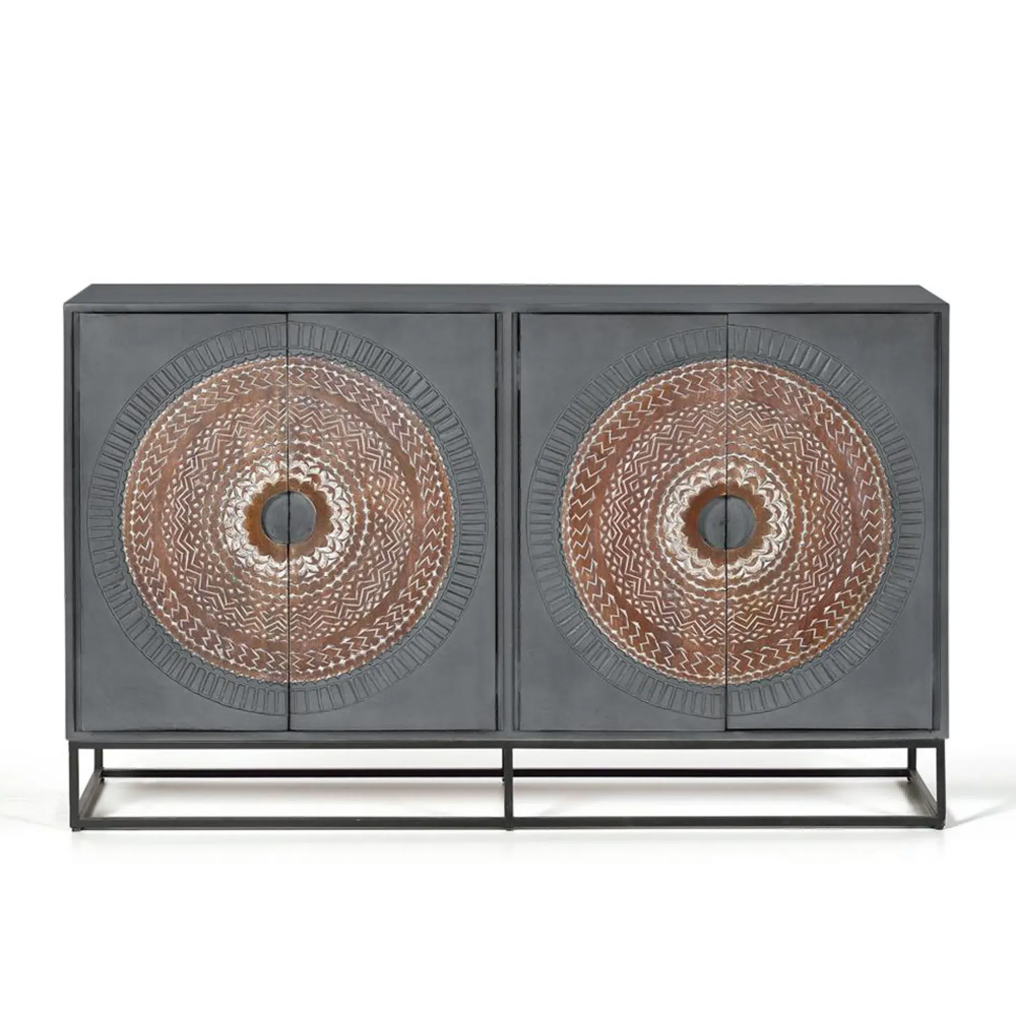 Lytton Carved Mango Wood 4 Door Medium Sideboard - Grey