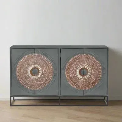 Lytton Carved Mango Wood 4 Door Medium Sideboard - Grey image