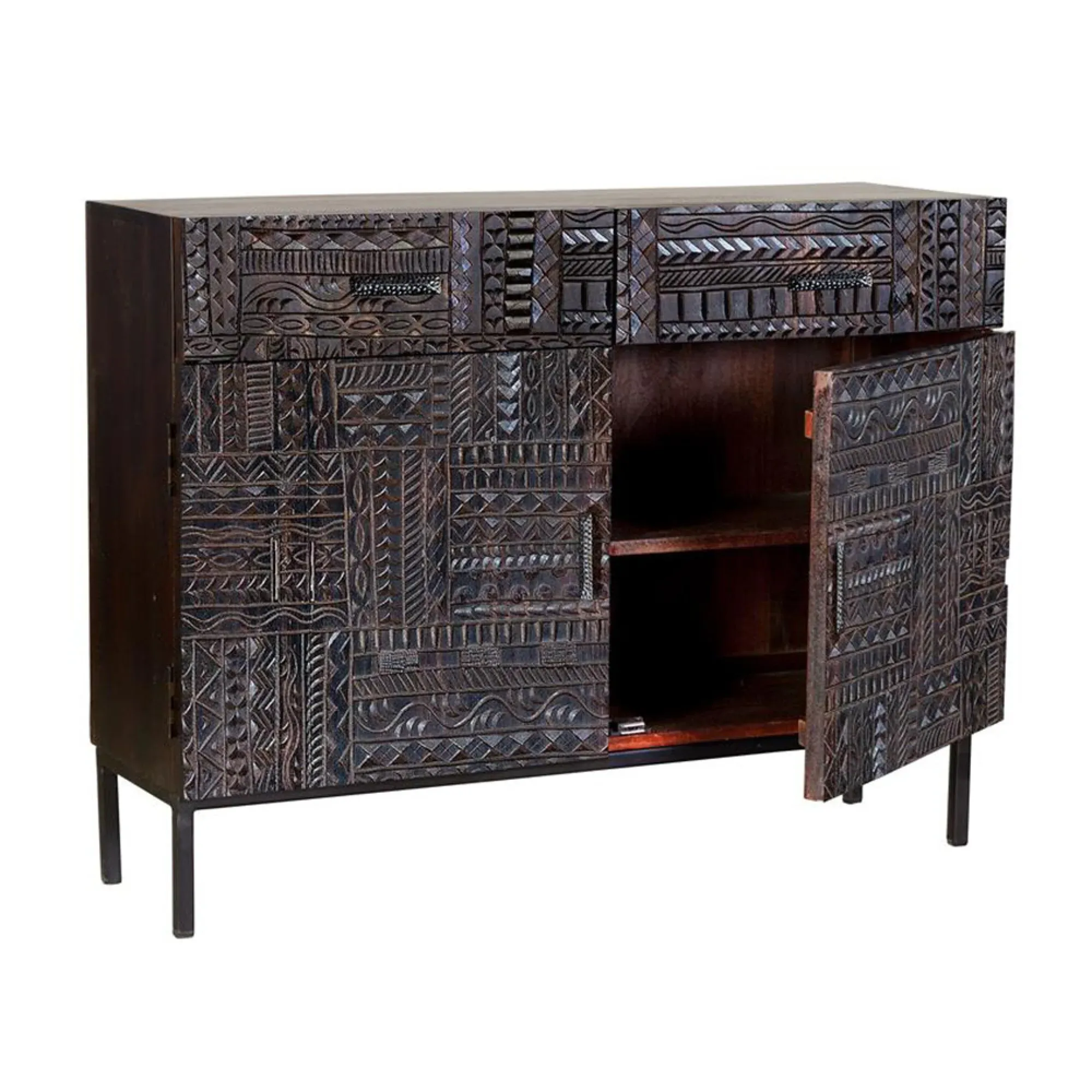 Macedonia Carved 2 Door Small Sideboard - Dark Walnut, Mango Wood