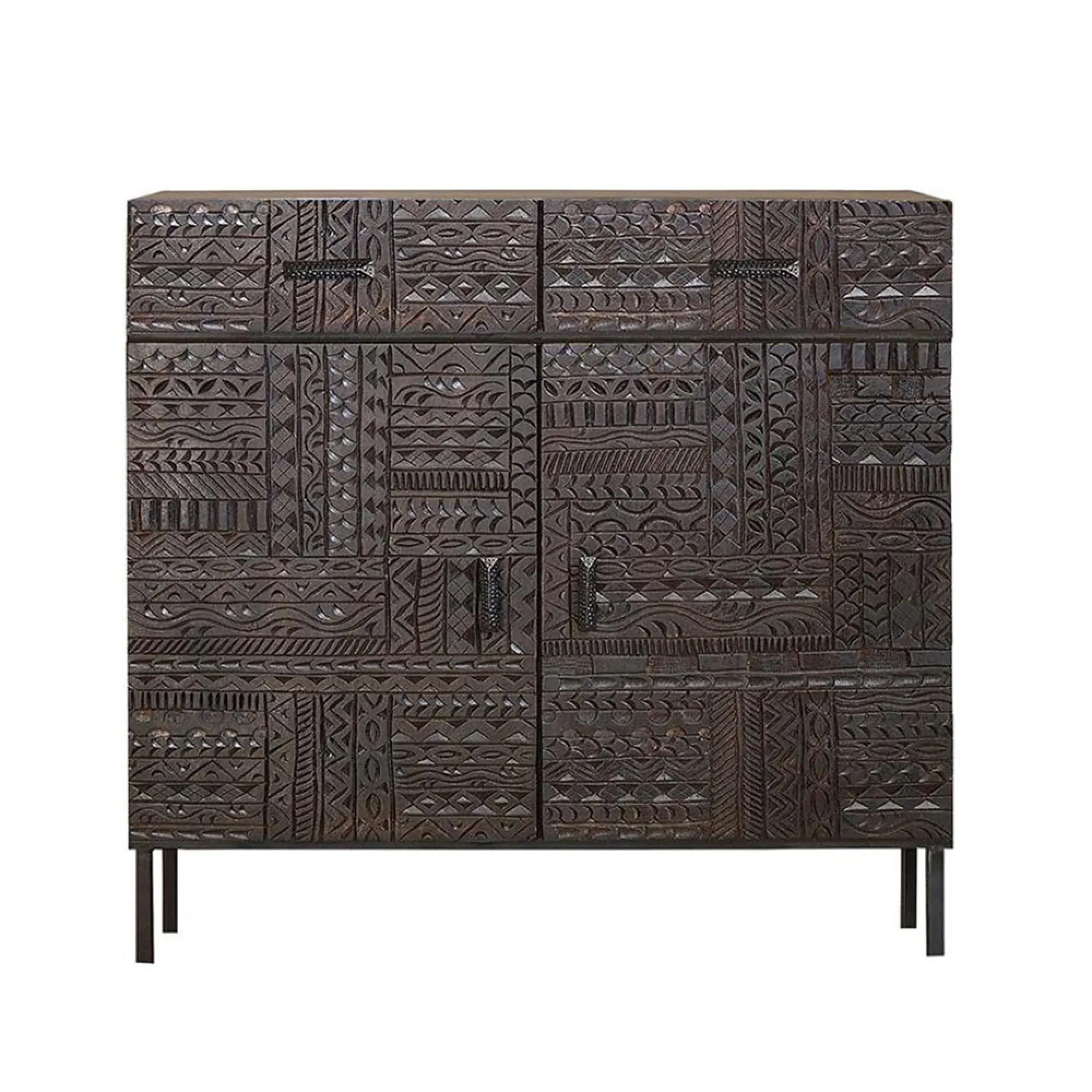 Macedonia Carved 2 Door Small Sideboard - Dark Walnut, Mango Wood