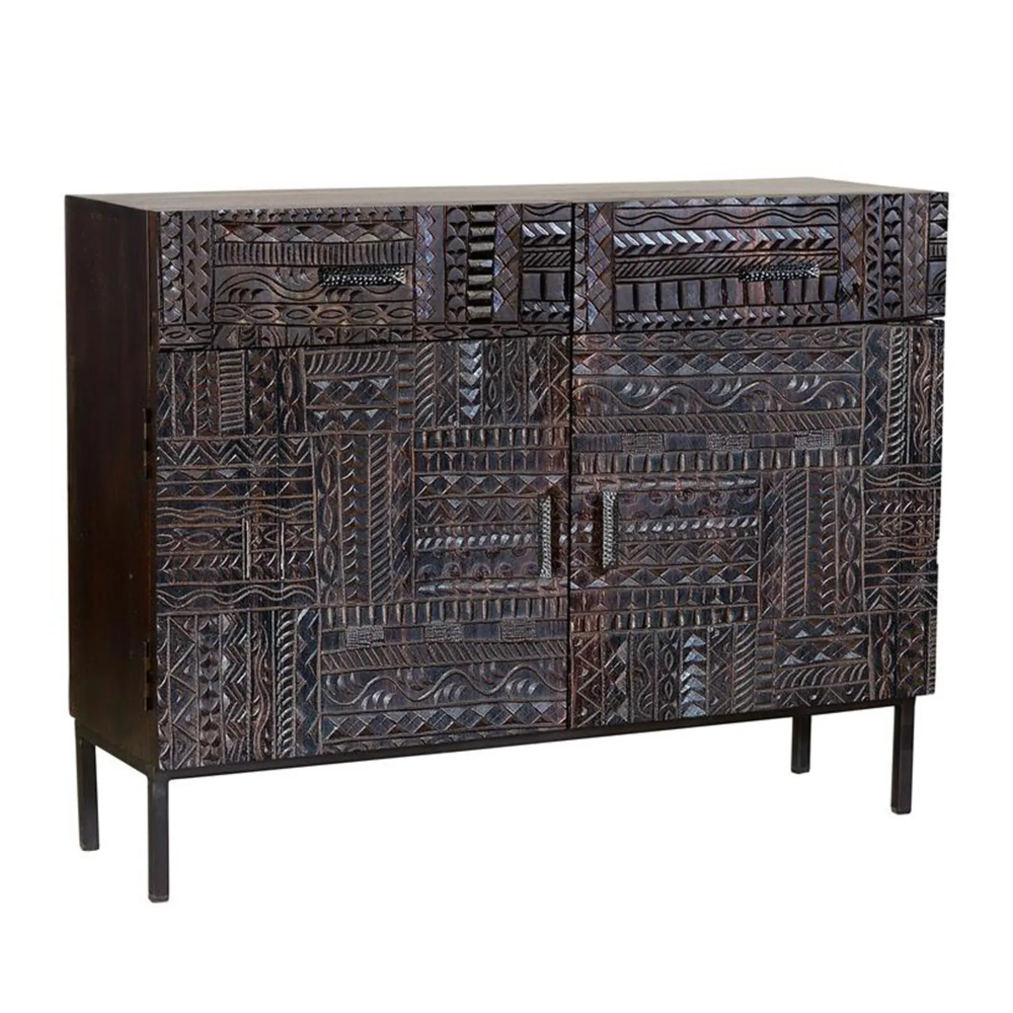 Macedonia Carved 2 Door Small Sideboard - Dark Walnut, Mango Wood