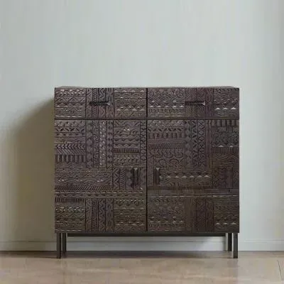 Macedonia Carved 2 Door Small Sideboard - Dark Walnut, Mango Wood