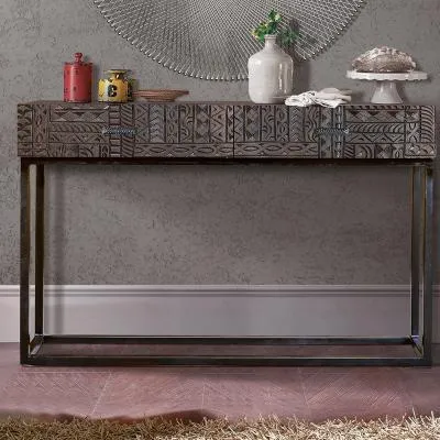 Macedonia Carved 2 Drawer Console Table - Dark Walnut, Mango Wood
