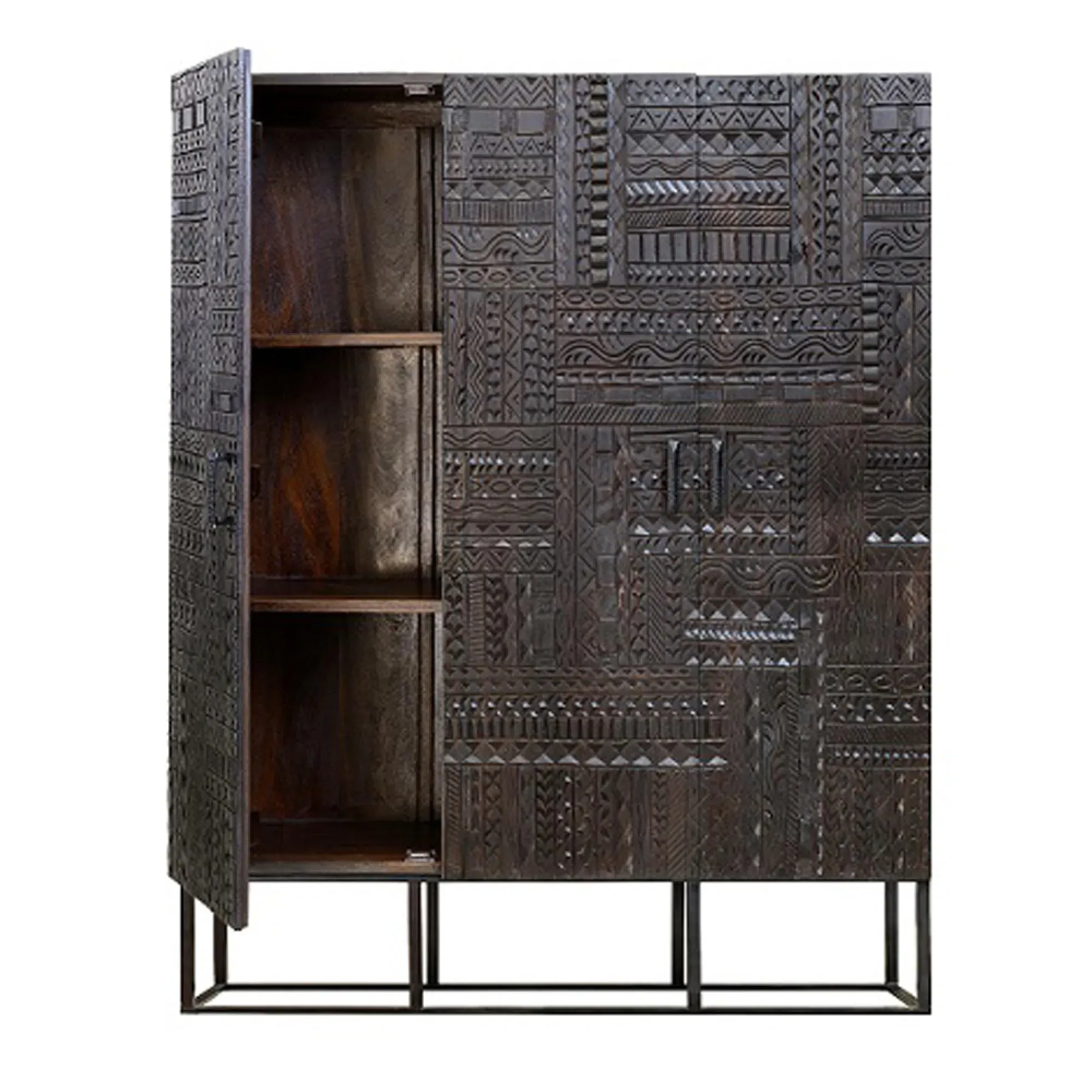 Macedonia Carved 3 Door Hall Cabinet - Dark Walnut, Mango Wood