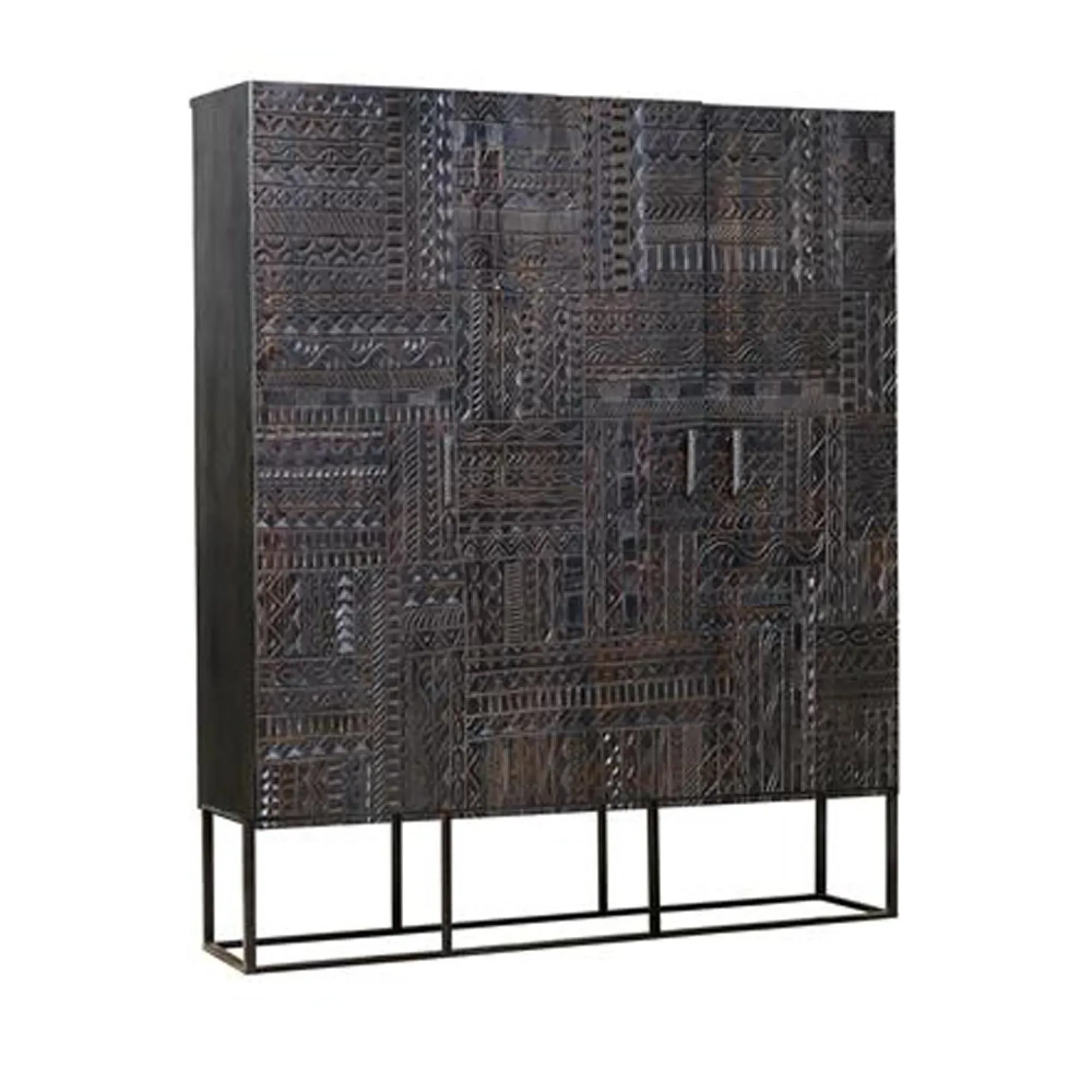 Macedonia Carved 3 Door Hall Cabinet - Dark Walnut, Mango Wood