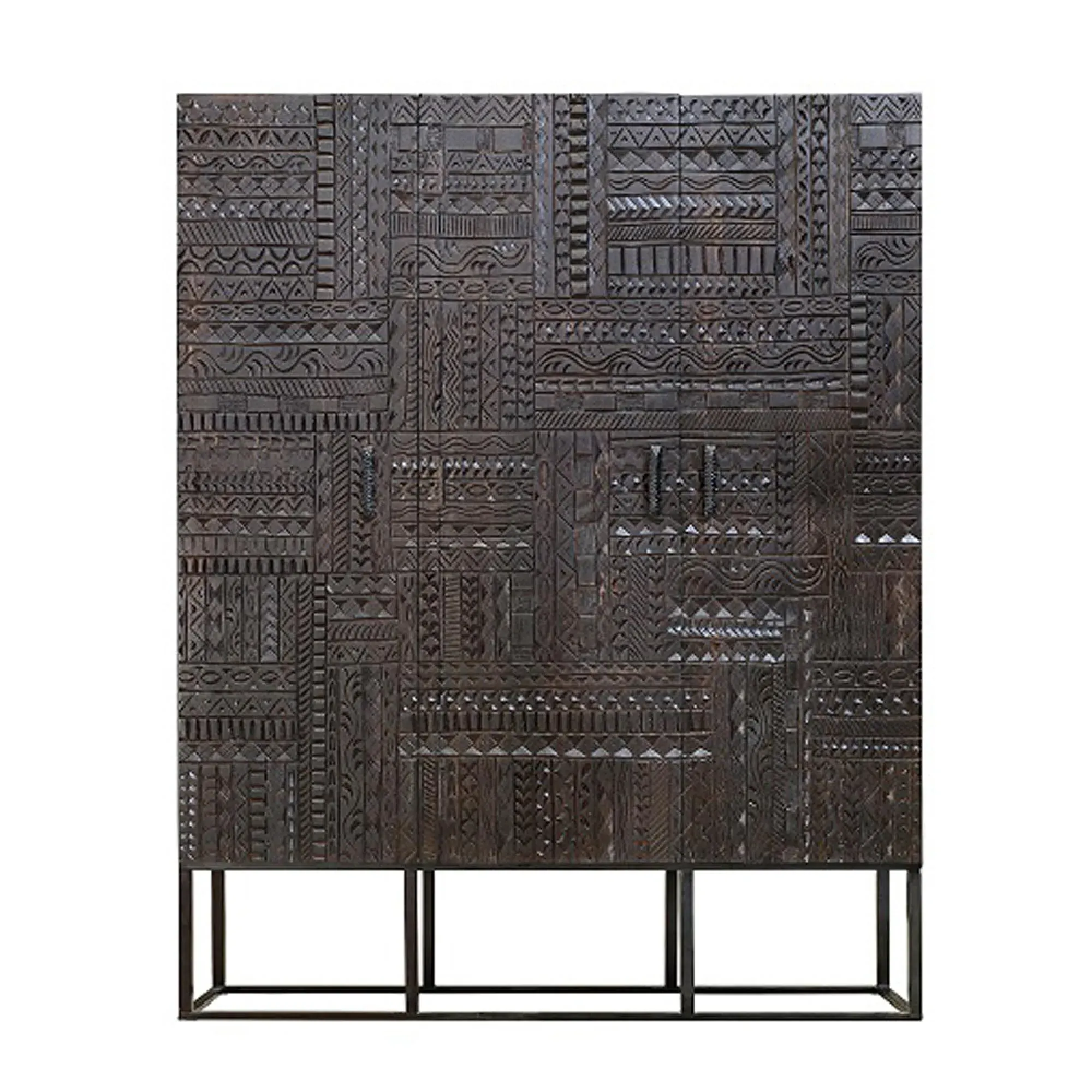 Macedonia Carved 3 Door Hall Cabinet - Dark Walnut, Mango Wood