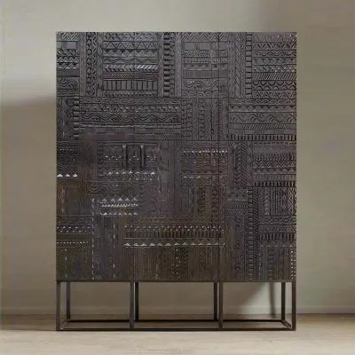 Macedonia Carved 3 Door Hall Cabinet - Dark Walnut, Mango Wood image