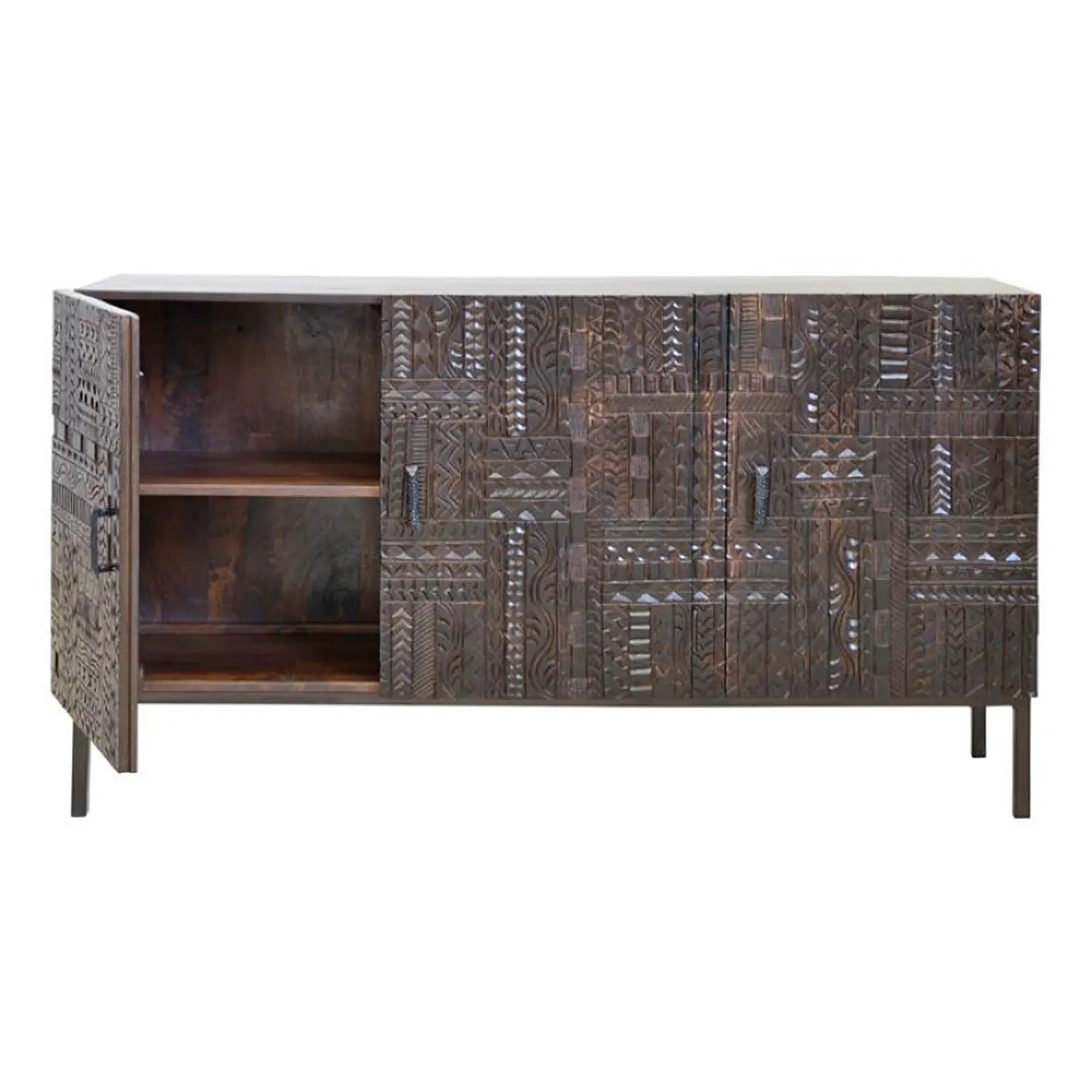 Macedonia Carved 3 Door Medium Sideboard - Dark Walnut, Mango Wood