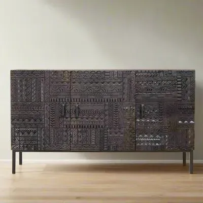 Macedonia Carved 3 Door Medium Sideboard - Dark Walnut, Mango Wood