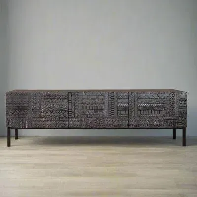 Macedonia Carved 3 Drawer Large TV Unit - Dark Walnut, Mango Wood image