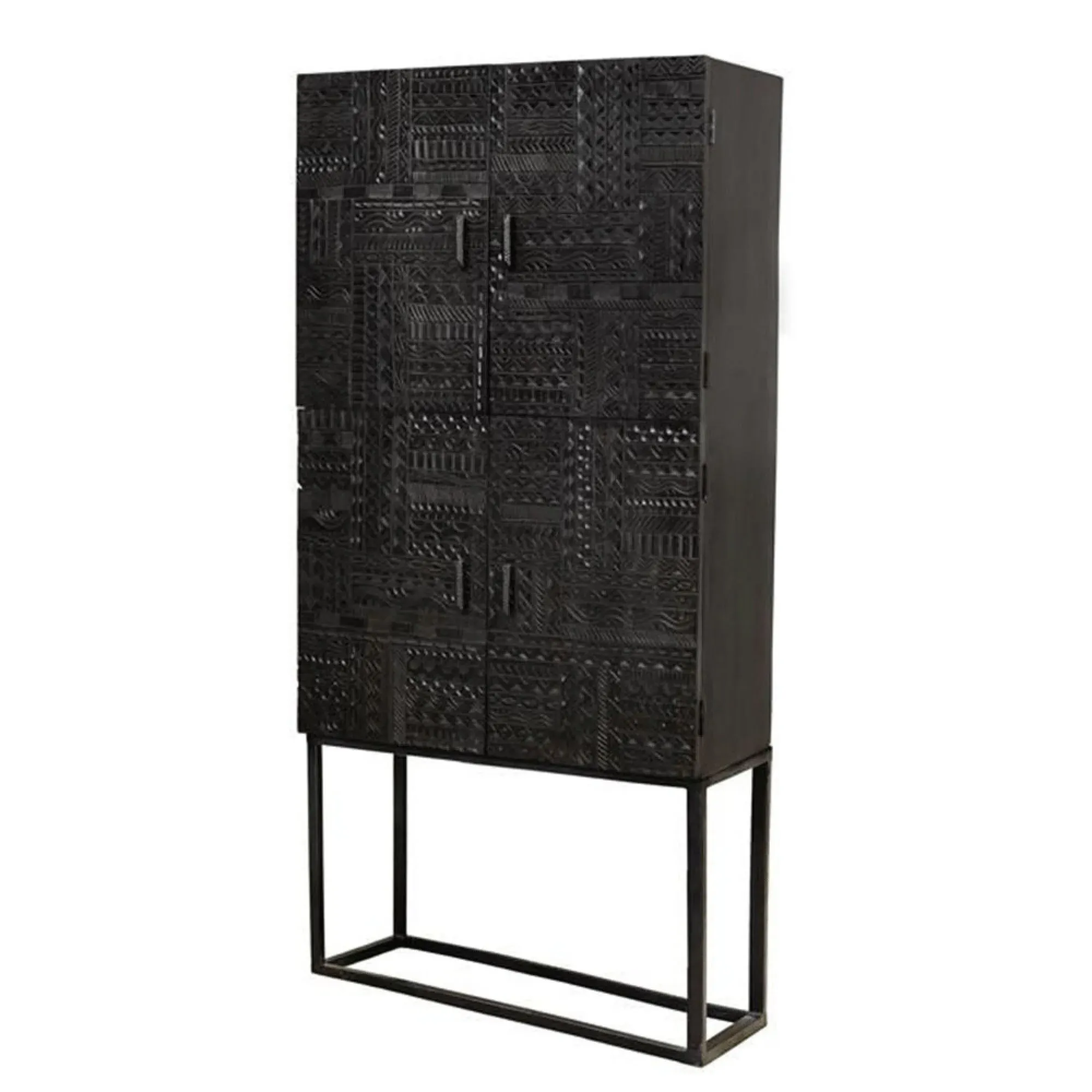 Macedonia Carved 4 Door Hall Cabinet - Dark Mango Wood