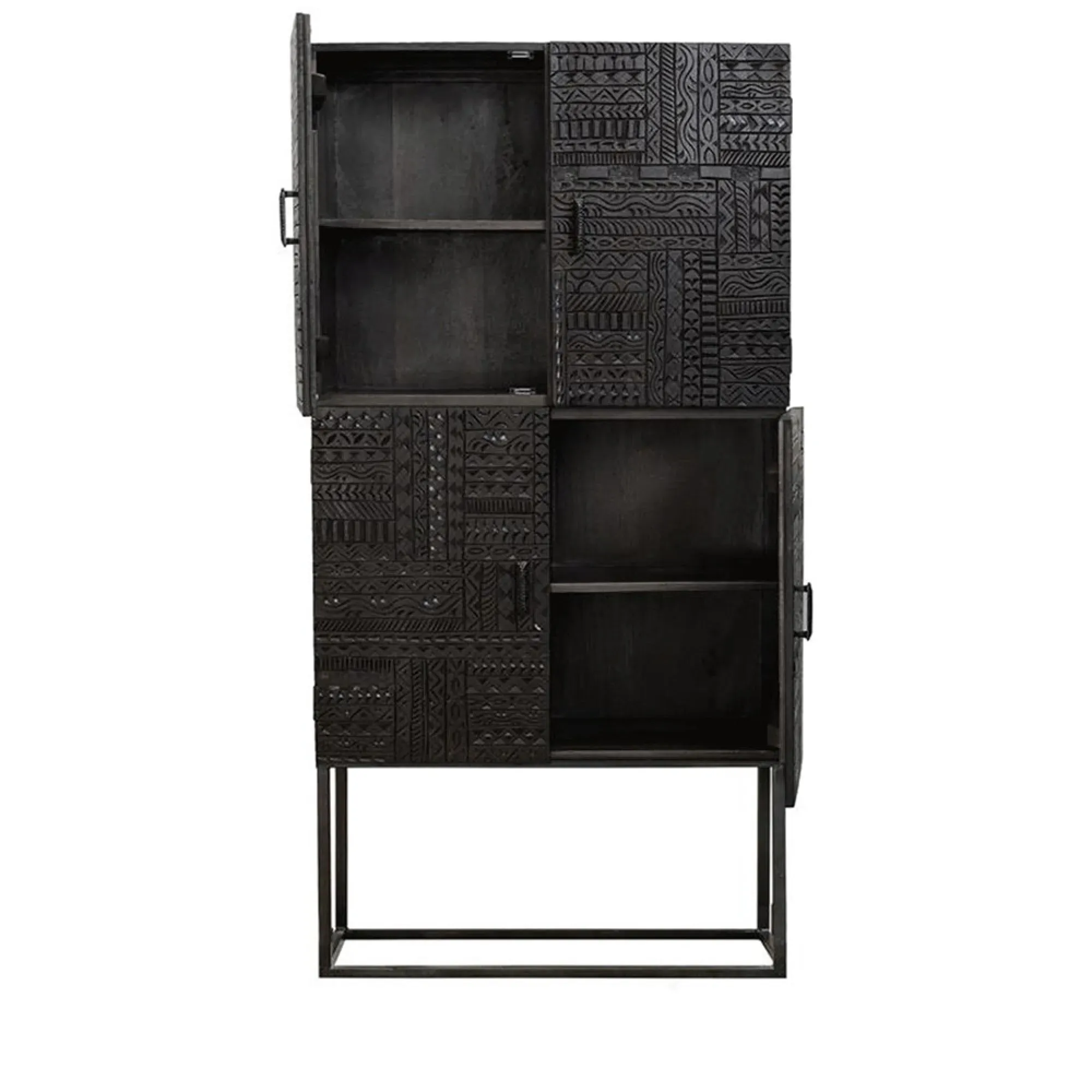 Macedonia Carved 4 Door Hall Cabinet - Dark Mango Wood