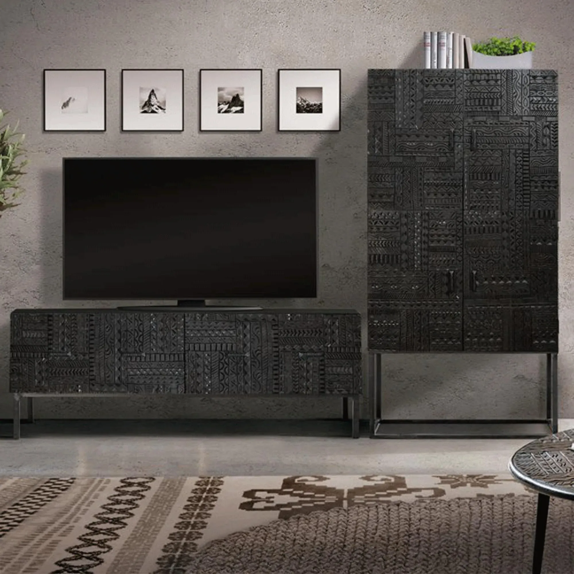 Macedonia Carved 4 Door Hall Cabinet - Dark Mango Wood