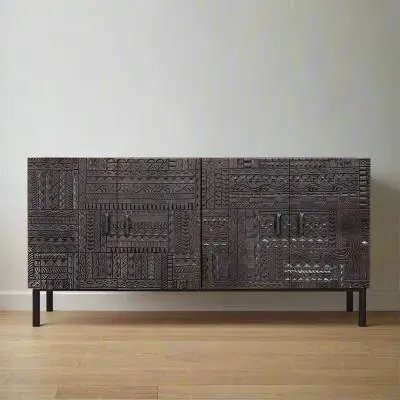 Macedonia Carved 4 Door Sideboard - Dark Walnut, Mango Wood