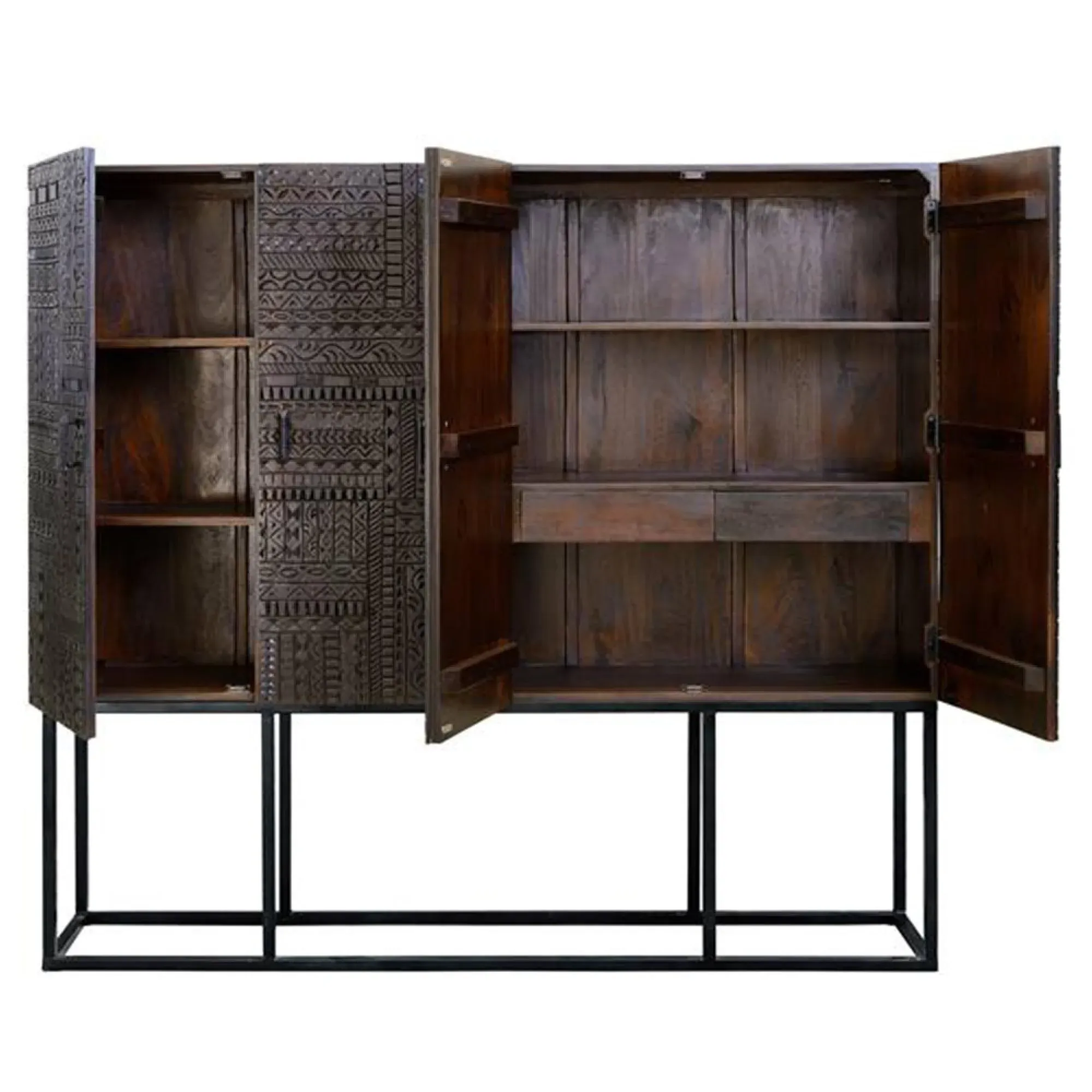 Macedonia Carved Large 4 Door Hall Cabinet - Dark Walnut