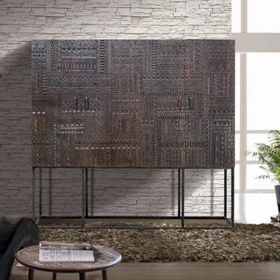 Macedonia Carved Large 4 Door Hall Cabinet - Dark Walnut