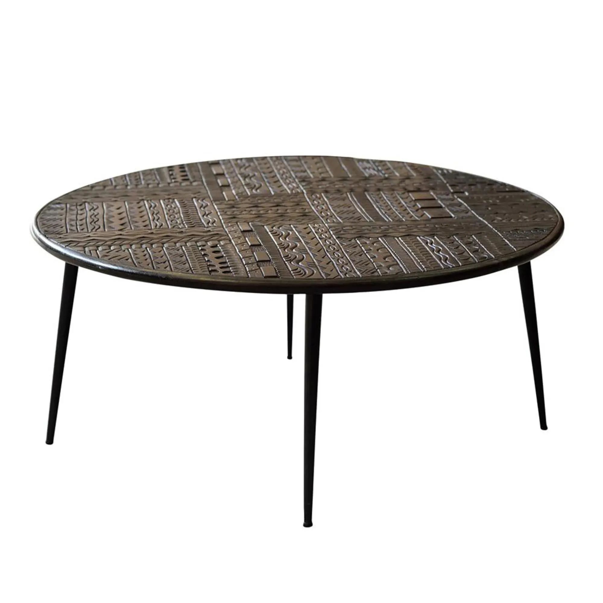 Macedonia Carved Round Coffee Table - Dark Walnut, Mango Wood