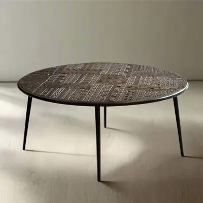 Macedonia Carved Round Coffee Table - Dark Walnut, Mango Wood image