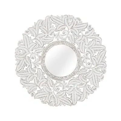 Meadow Round Wall Mirror - White, Carved