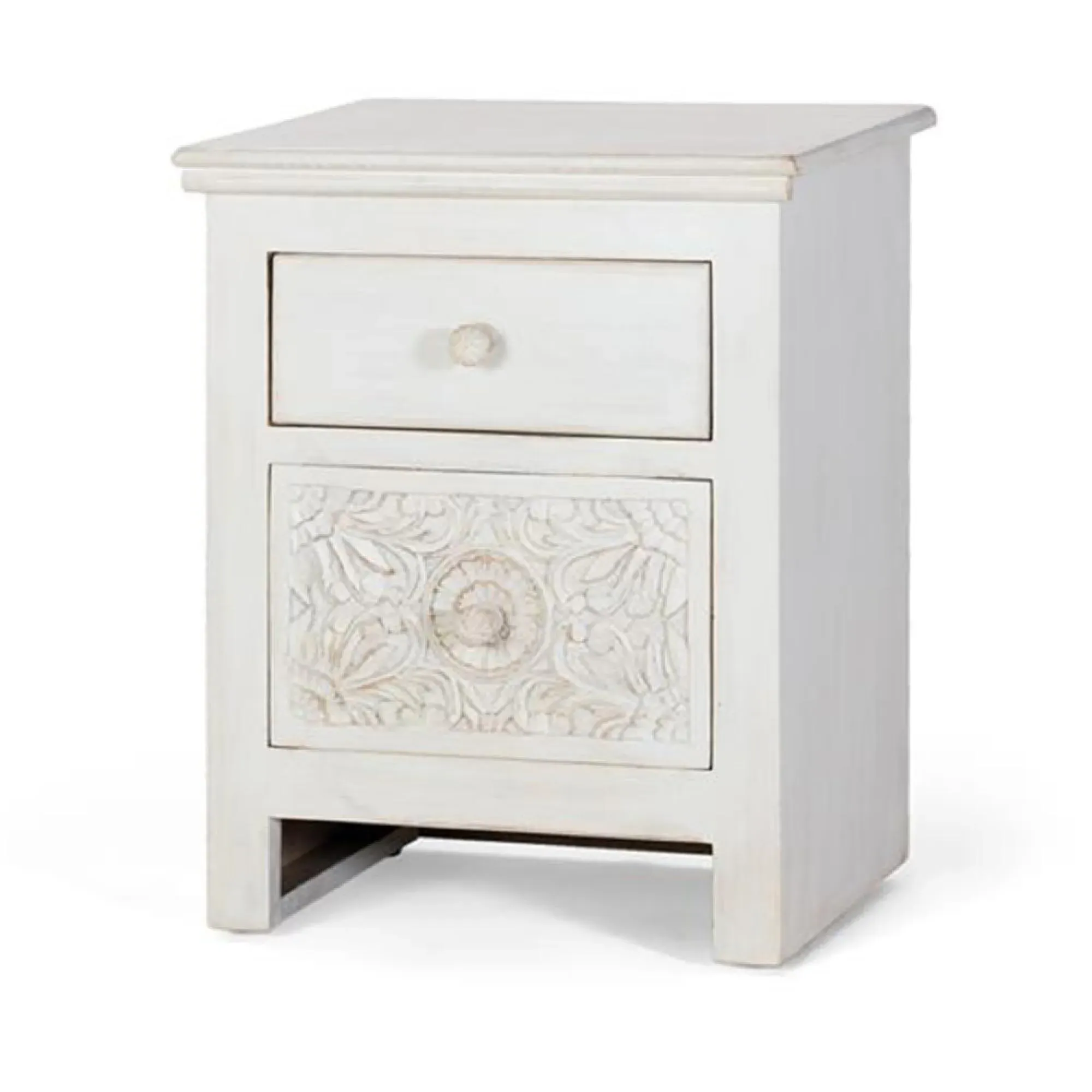 Medio Carved 2 Drawer Bedside Cabinet - White, Mango Wood