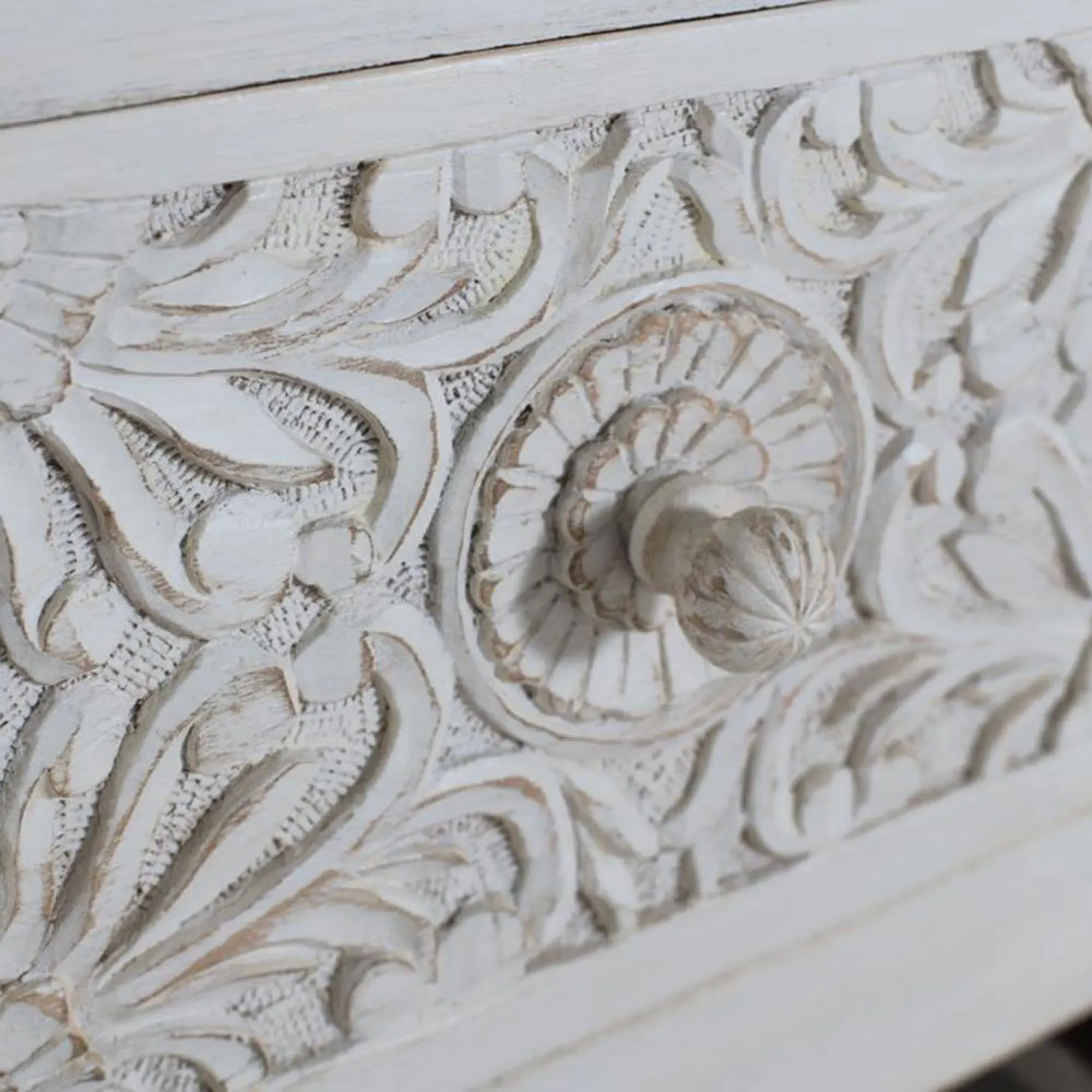 Medio Carved 2 Drawer Bedside Cabinet - White, Mango Wood