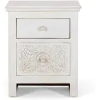 Medio Carved 2 Drawer Bedside Cabinet - White, Mango Wood