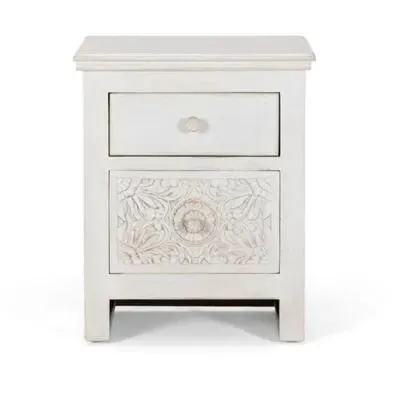 Medio Carved 2 Drawer Bedside Cabinet - White, Mango Wood
