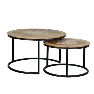 Minziro Round Coffee Table Set of 2 - Natural, Mango Wood