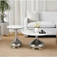 Perugia Round Side Table Set of 2 - White, Marble