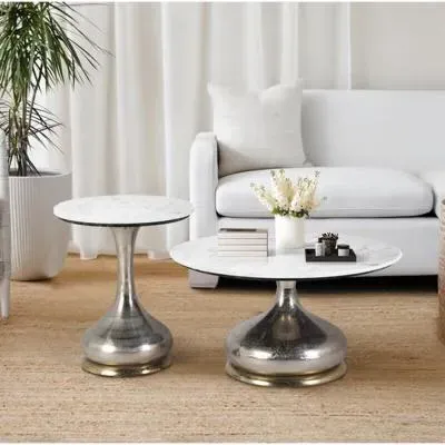 Perugia Round Side Table Set of 2 - White, Marble