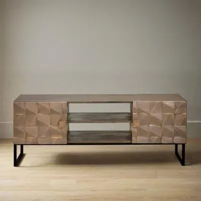 Pinole Copper Geometric 2 Door TV Unit - Dark Brown, Mango Wood image