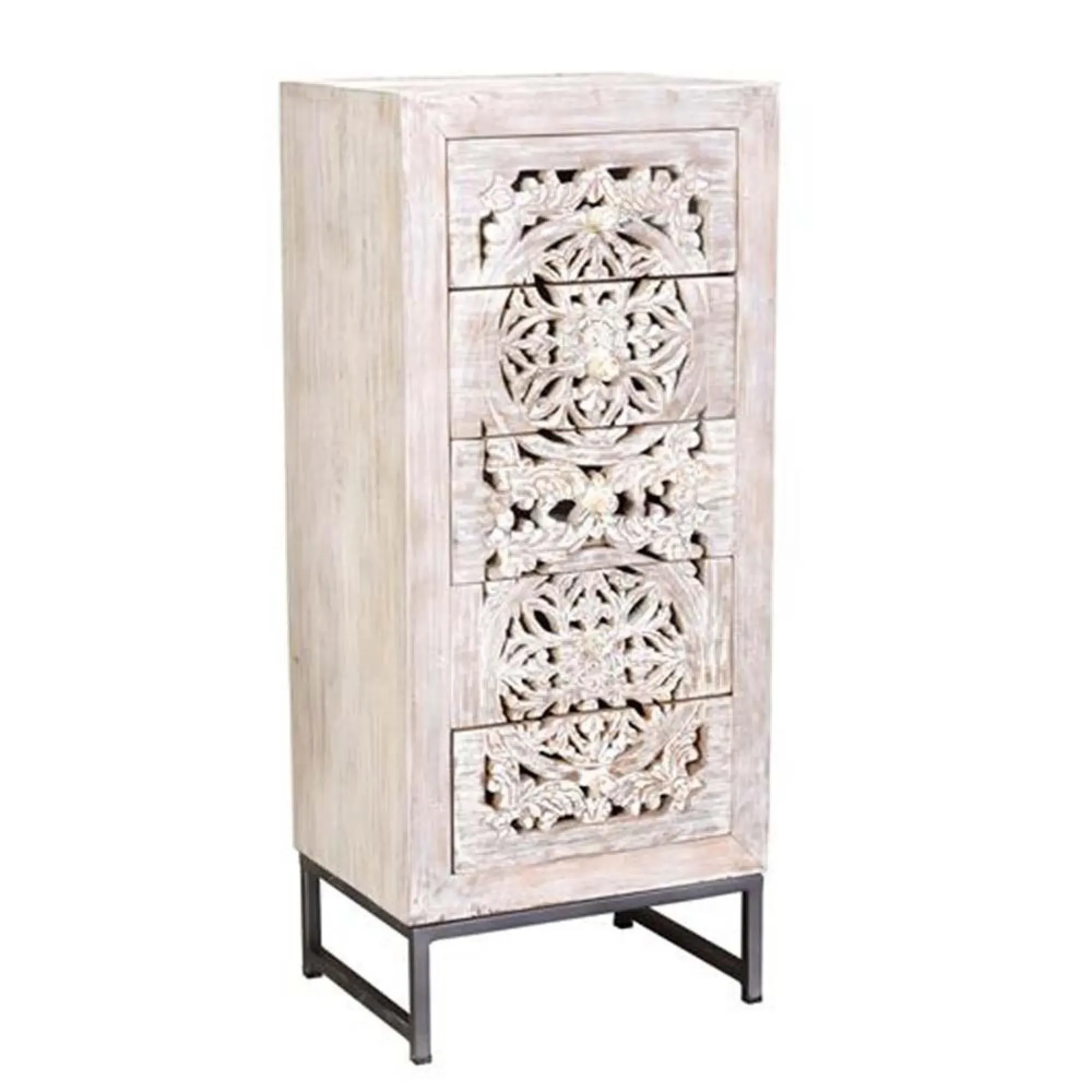 Quintana 5 Drawer Tall Chest - White Washed, Mango Wood