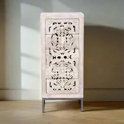 Quintana 5 Drawer Tall Chest - White Washed, Mango Wood image