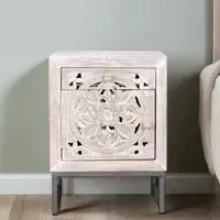 Quintana Carved 1 Door Bedside Cabinet - White Washed, Mango Wood