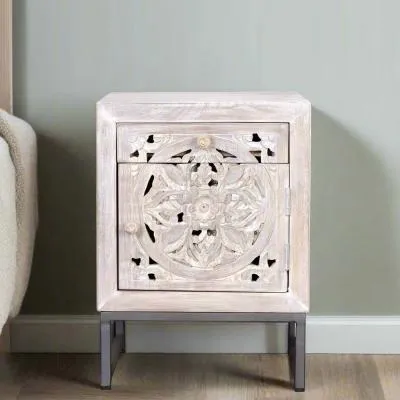 Quintana Carved 1 Door Bedside Cabinet - White Washed, Mango Wood