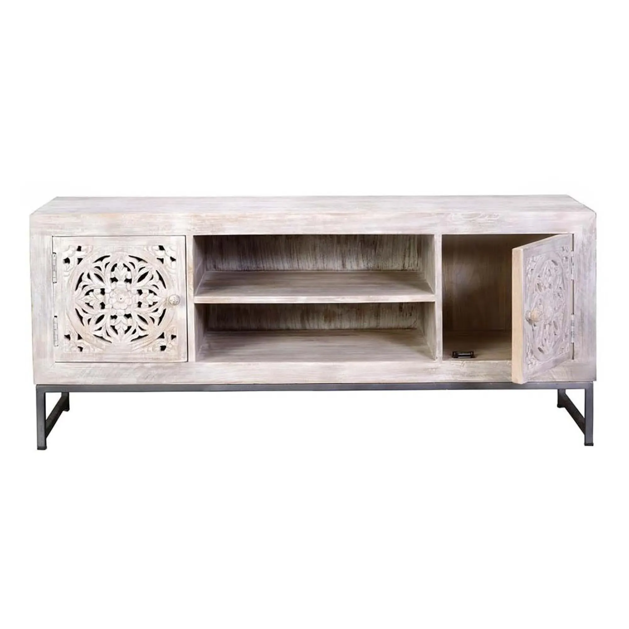Quintana Carved 2 Door TV Unit - White Washed, Mango Wood
