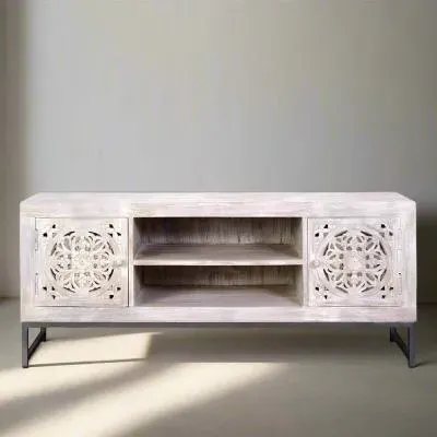 Quintana Carved 2 Door TV Unit - White Washed, Mango Wood