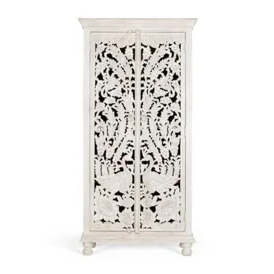 Quintana Carved 2 Door Wardrobe - Aged White, Mango Wood