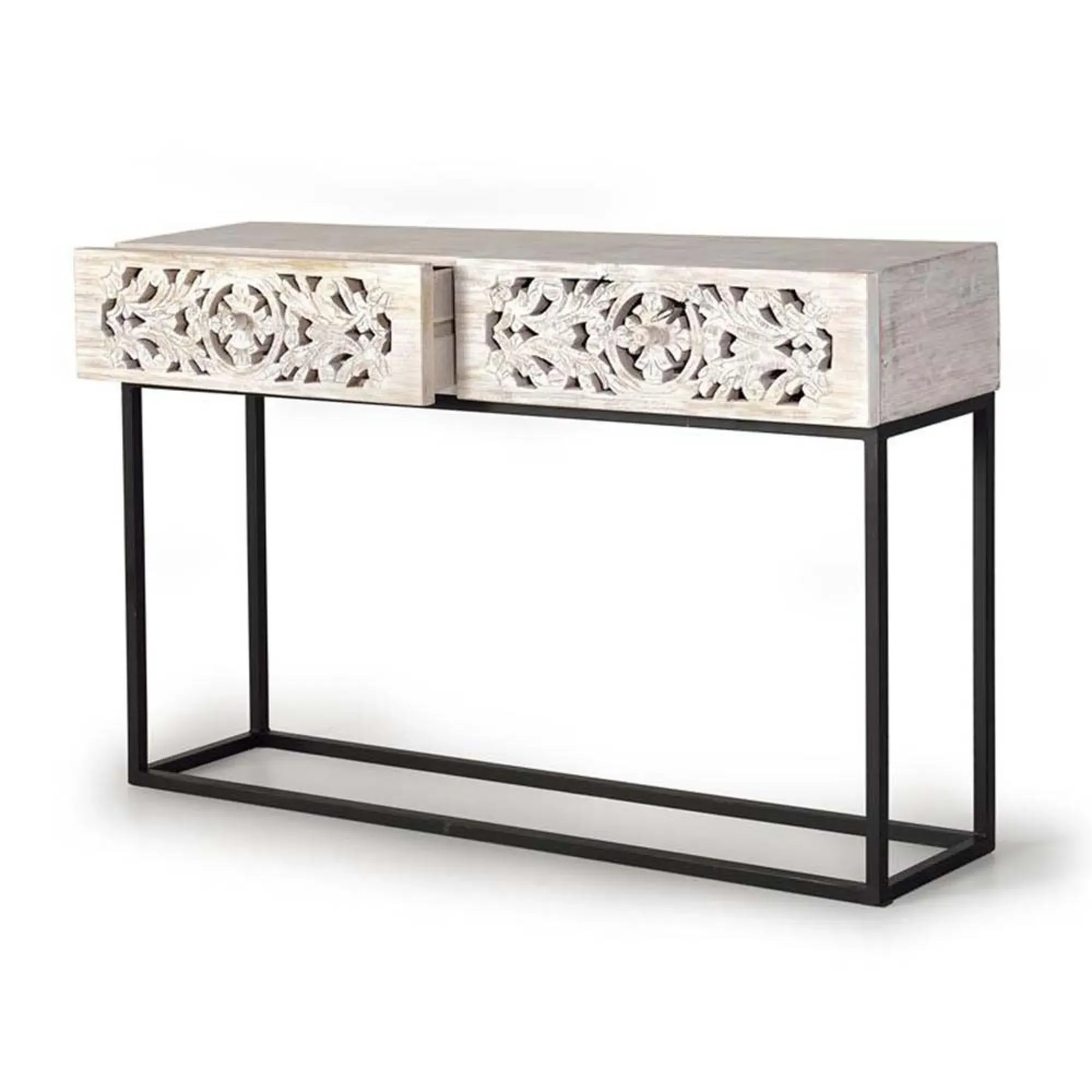 Quintana Carved 2 Drawer Console Table - White Washed, Mango Wood