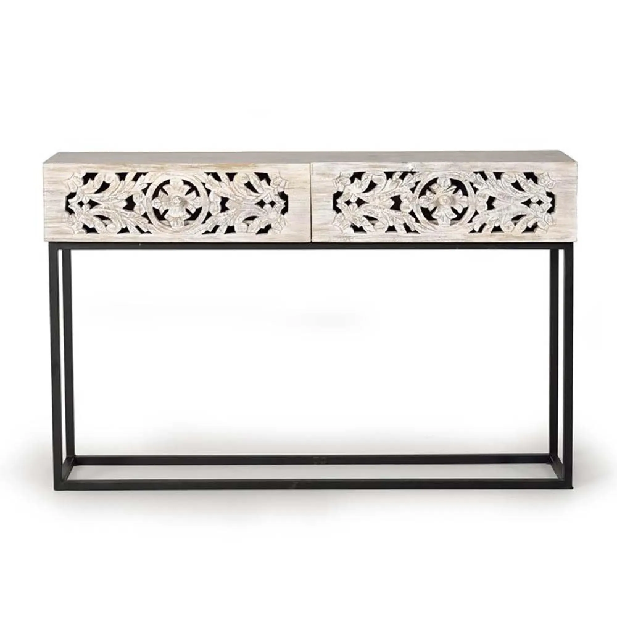 Quintana Carved 2 Drawer Console Table - White Washed, Mango Wood