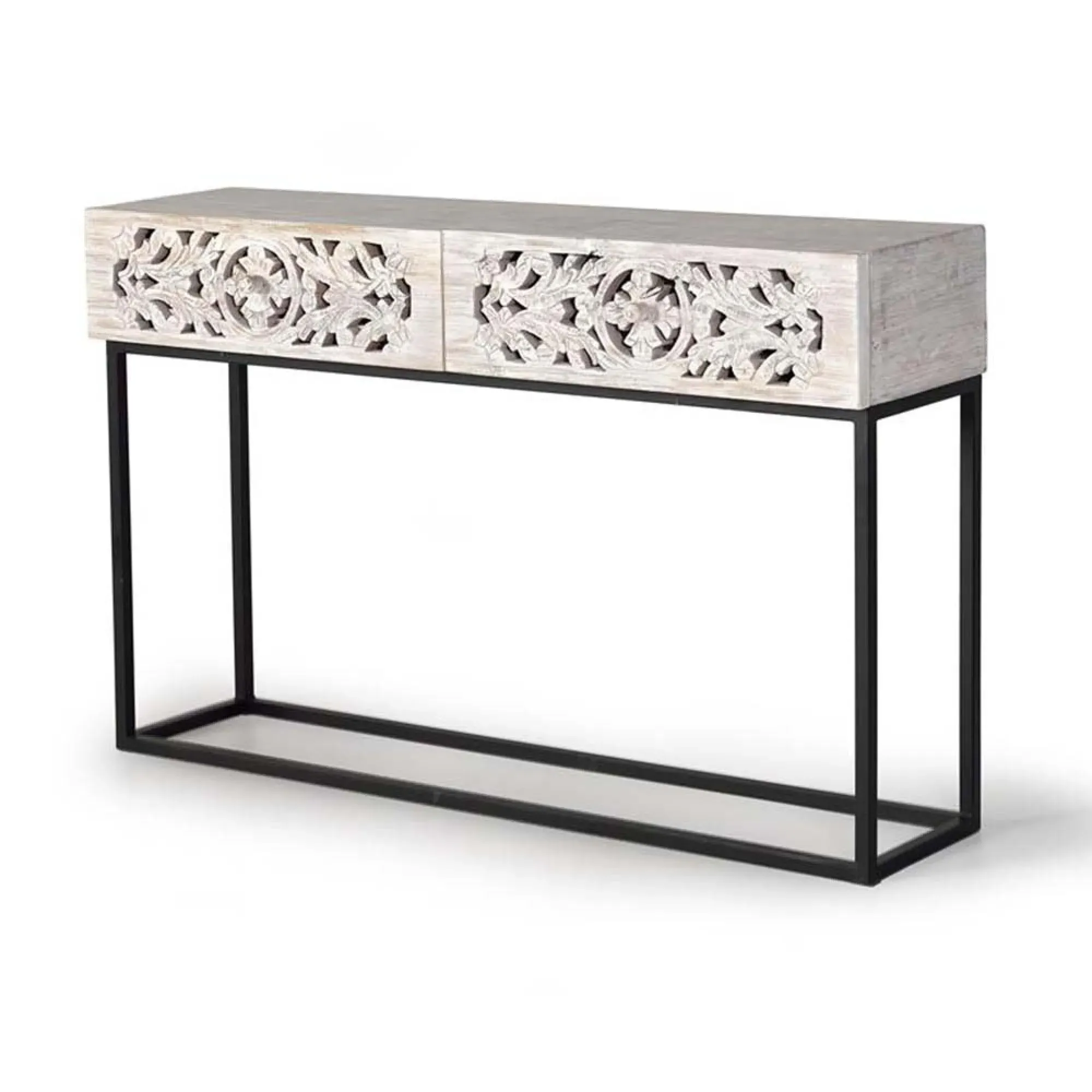 Quintana Carved 2 Drawer Console Table - White Washed, Mango Wood