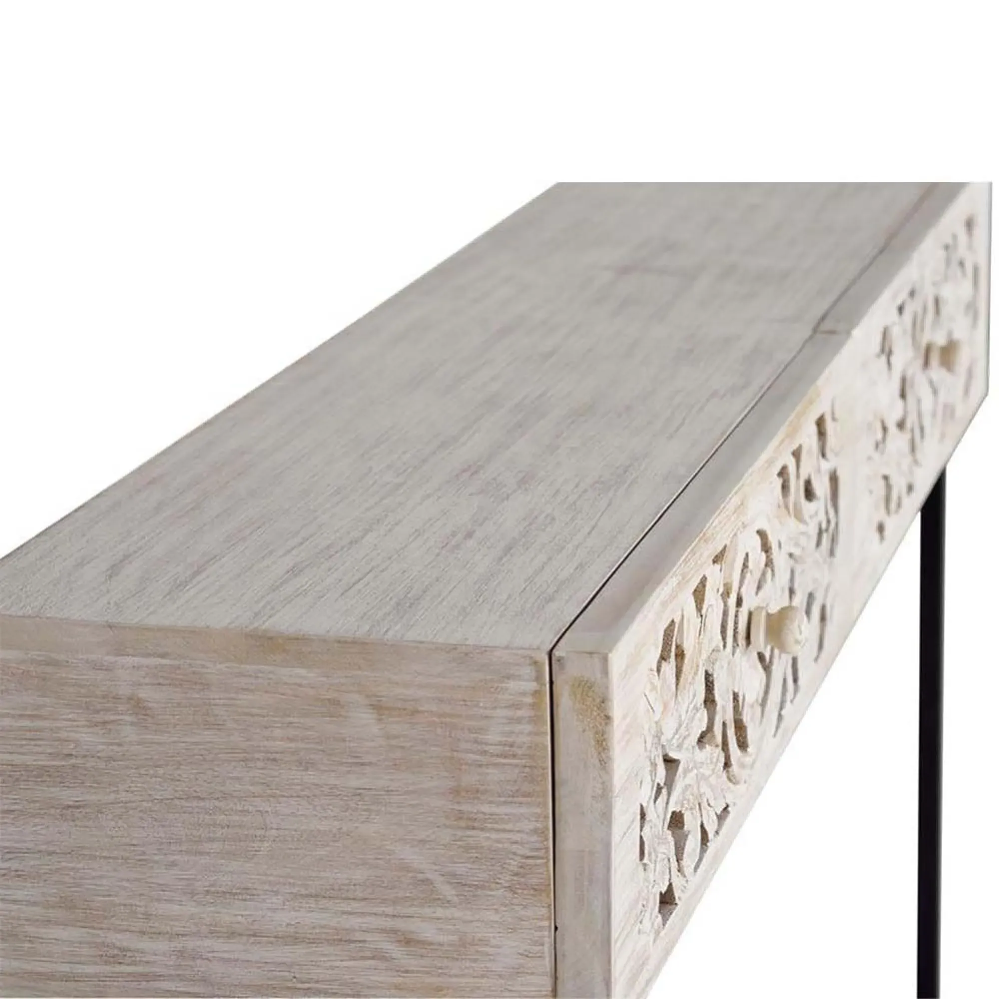 Quintana Carved 2 Drawer Console Table - White Washed, Mango Wood