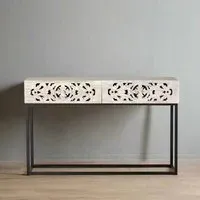 Quintana Carved 2 Drawer Console Table - White Washed, Mango Wood